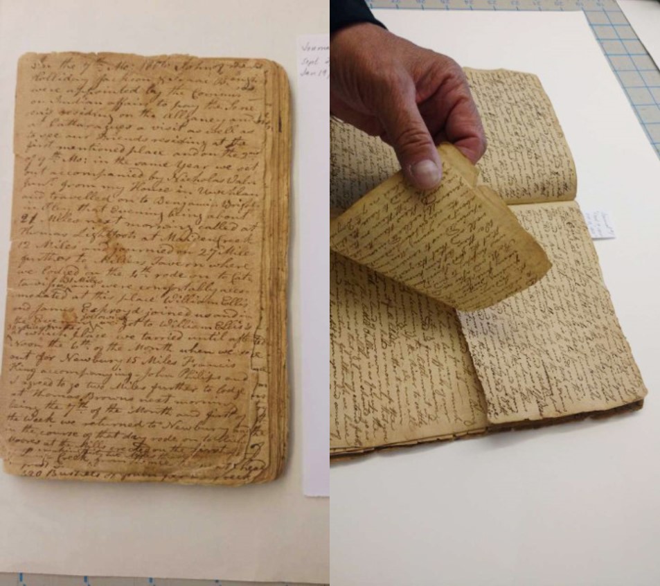 Brittle, torn condition of manuscripts before treatment