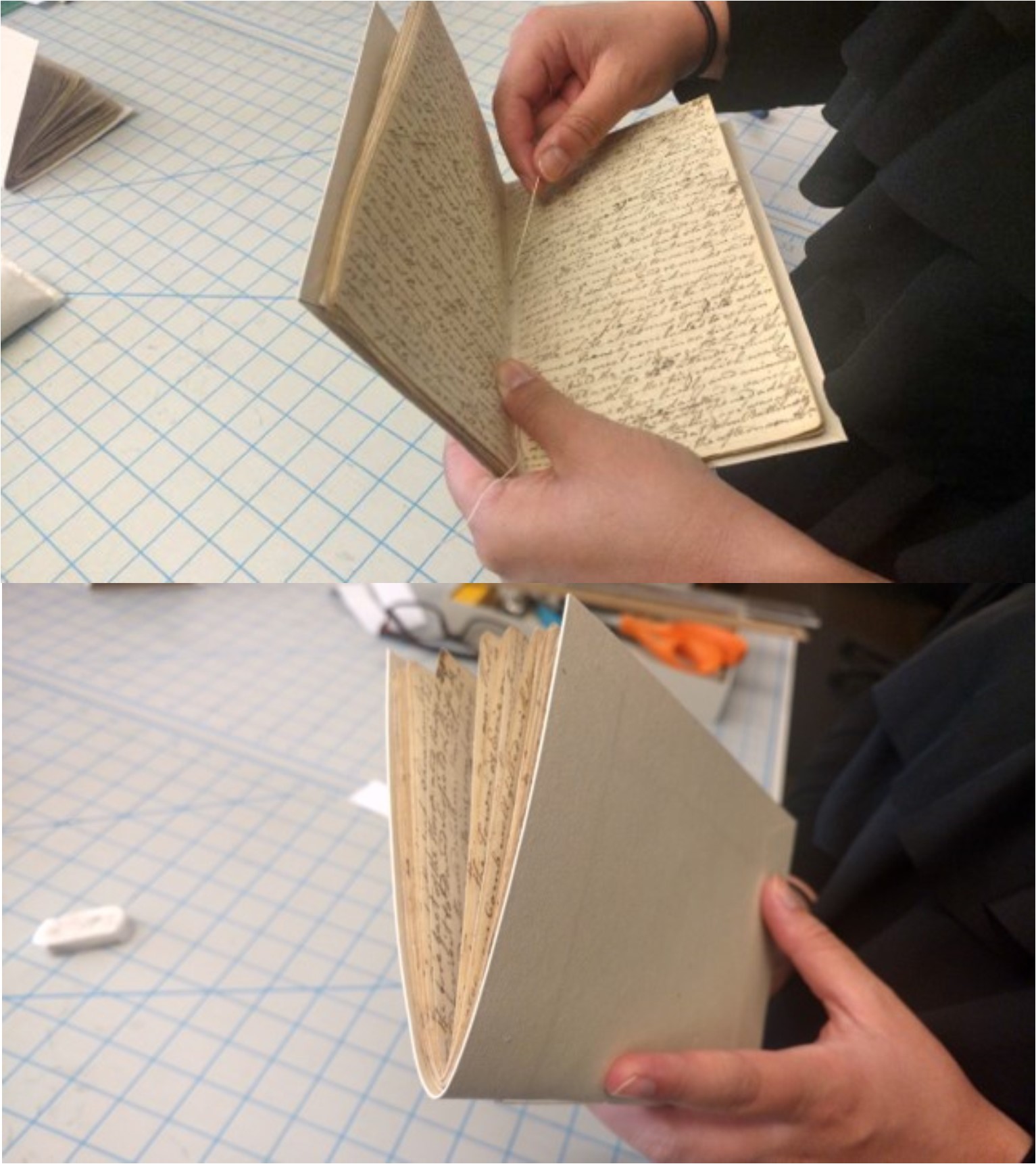 Sewing repaired leaves into bound form