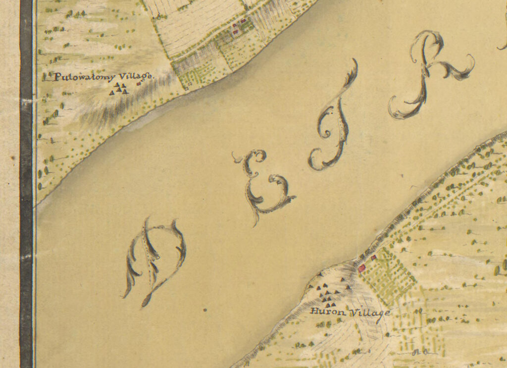 Focus on banks of the Detroit River, showing "Potawatomi Village" marked on the north side and "Huron Village" across the river.