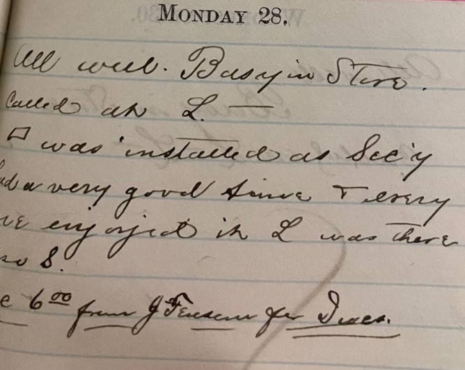 Figure 3: This diary was a generous donation to the Clements from Angela Del Vecchio in 2018, titled Monday 28, 1885.