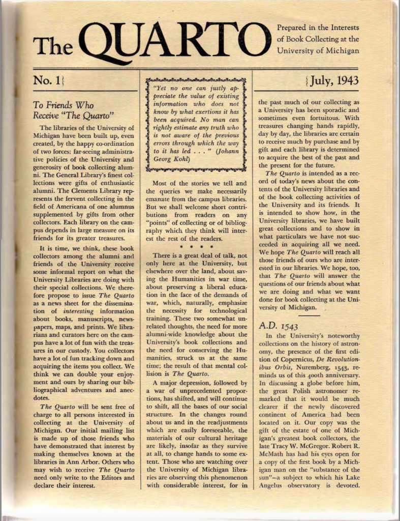 July 1943: First issue of The Quarto published