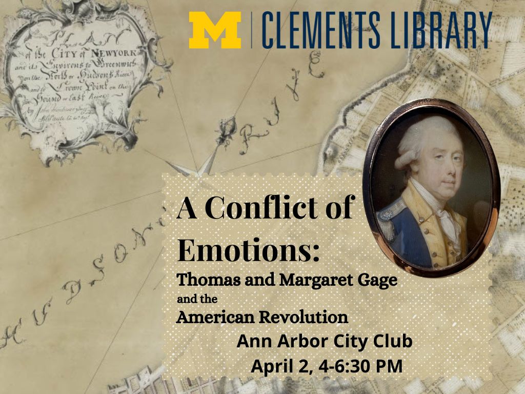 Map of the Hudson River, an image of Thomas Gage and information about the lecture on April 2nd. 