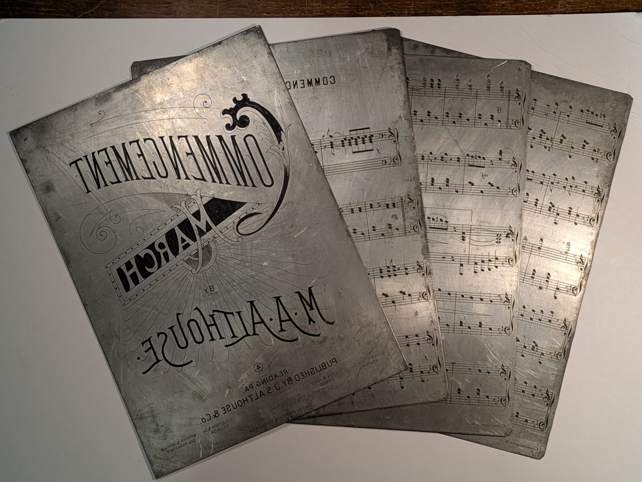 Metal Cover and 3 sheets for printing "'Commencement March,' produced by A.M. Althouse"