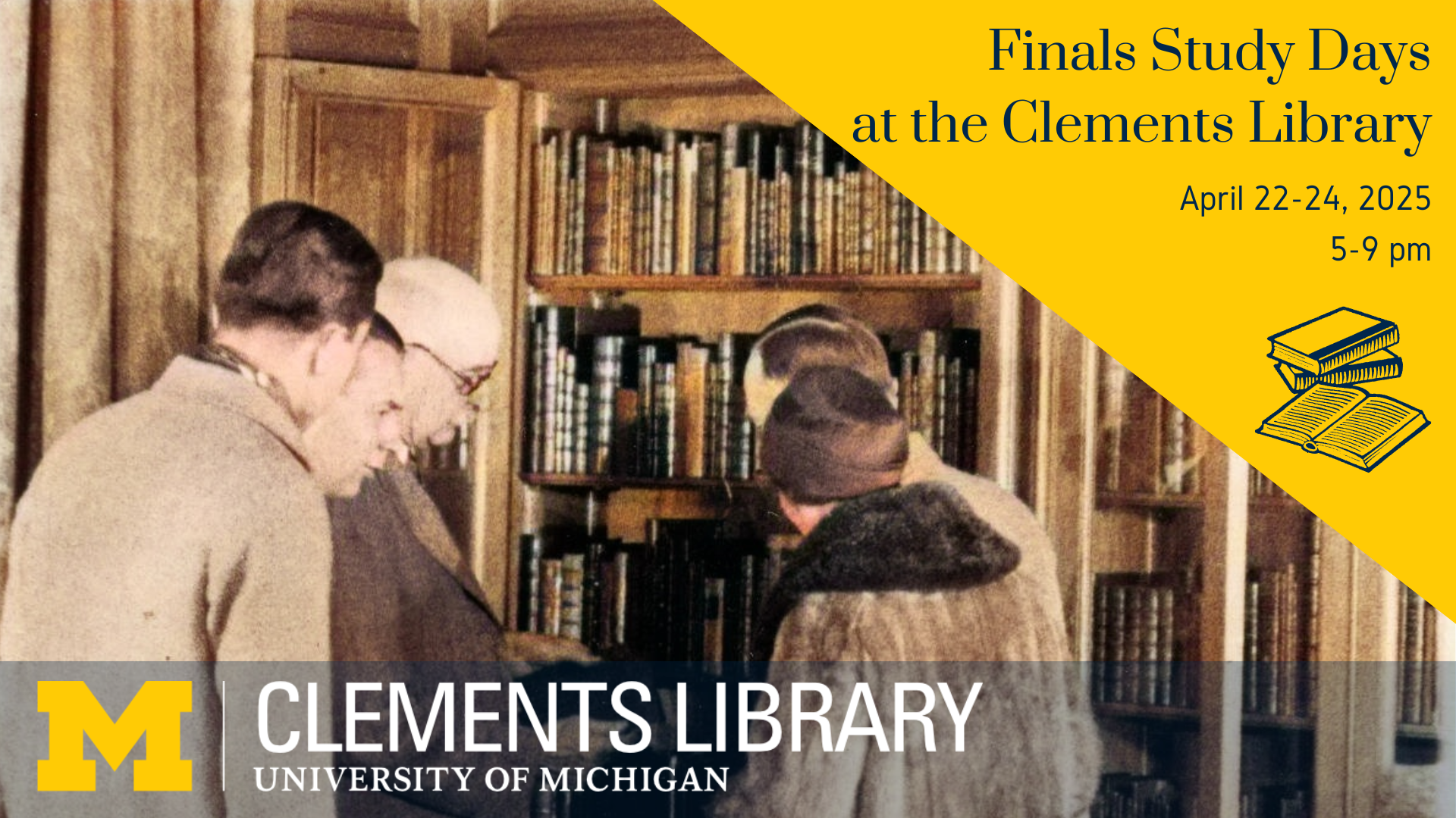 Promotional image for April Study Days featuring a vintage picture of a group of people including Mr. Clements looking at books in the Reading Room.