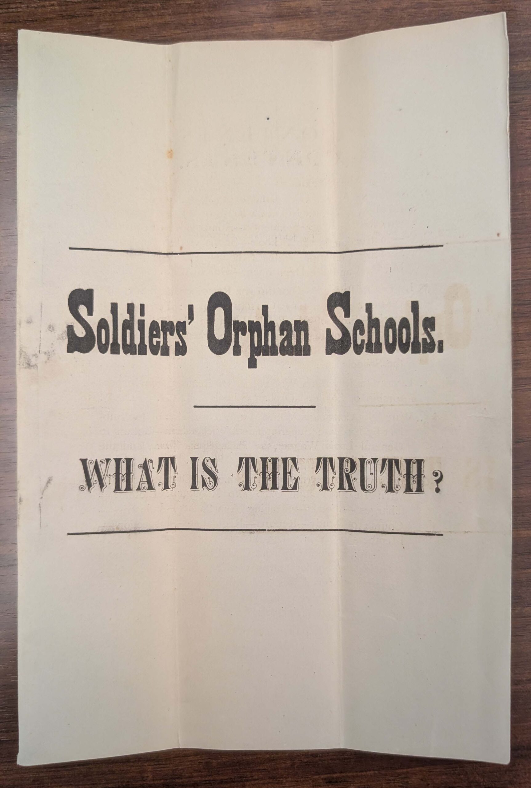 Page reading "Soldiers' Orphan Schools. What is the Truth?"