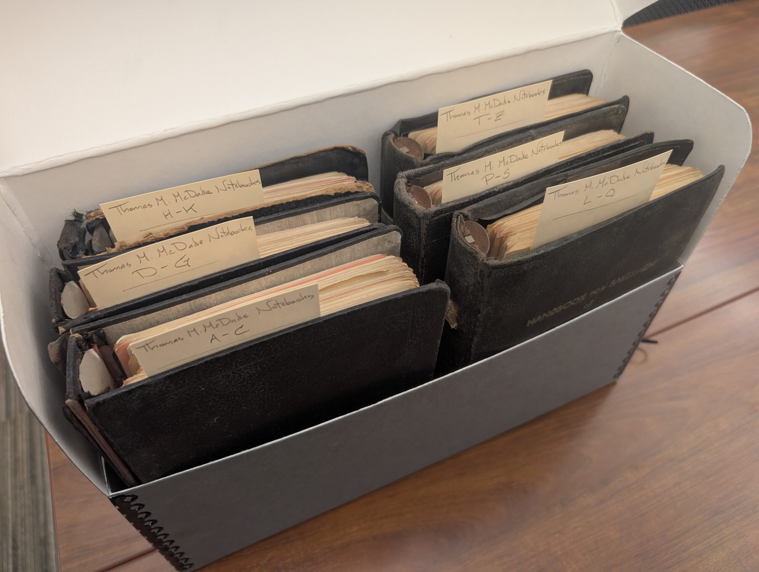 Six notebooks standing upright in Hollinger box. 