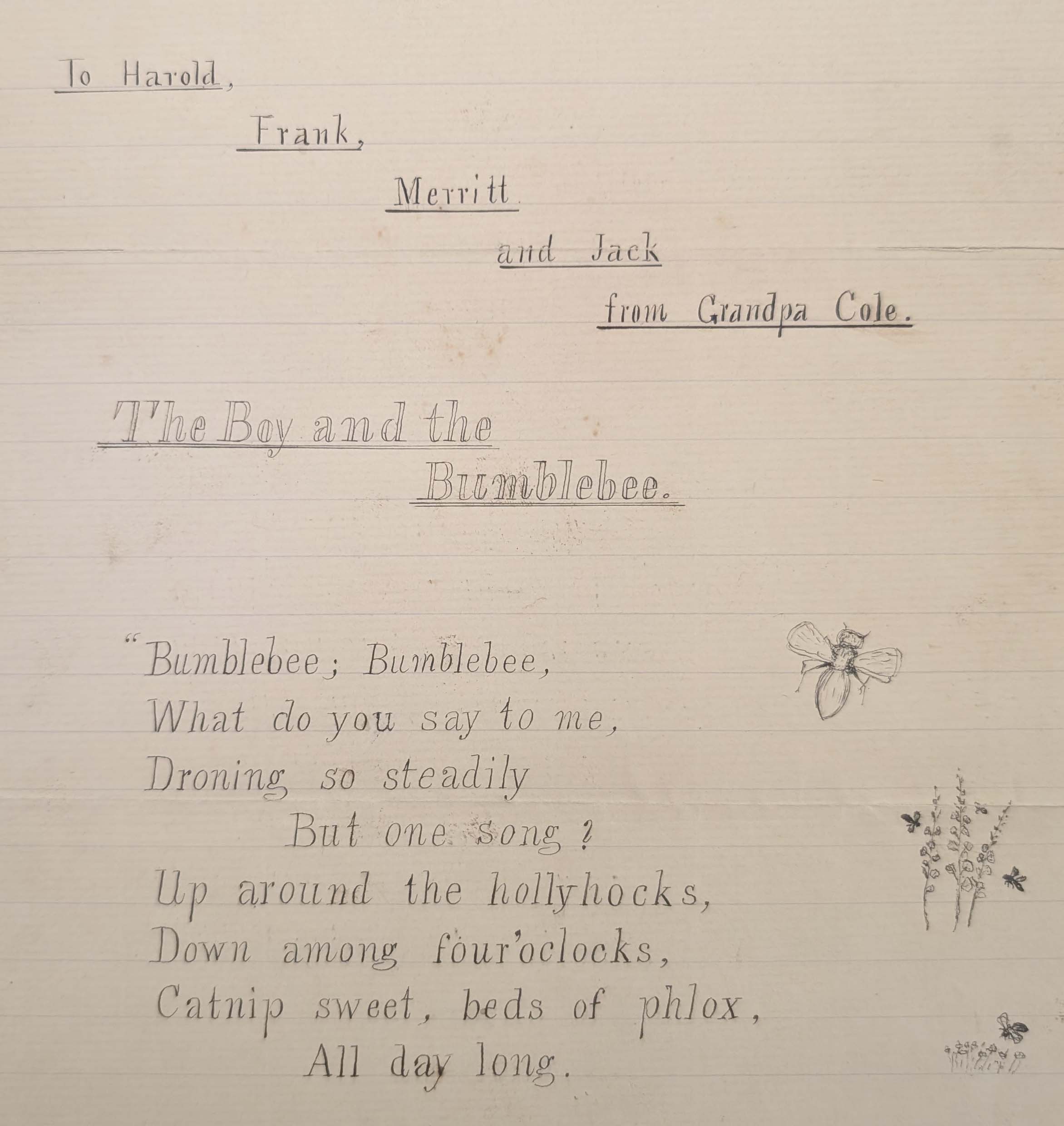 Handwritten poem "The Boy and the Bumblebee" with illustrations of flowers and bees.