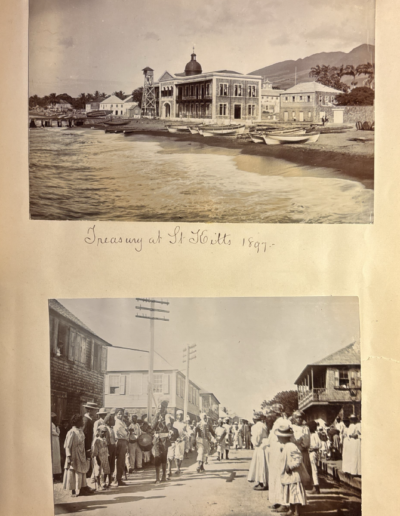 Photographs from the Caribbean Vacation Photograph Album showing the Treasury building and masqueraders in St. Kitts, 1897.
