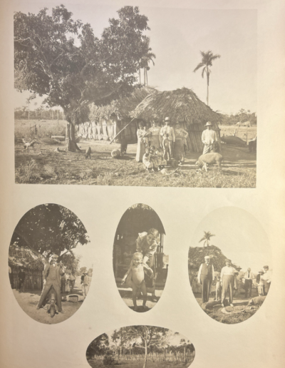 Photographs from Souvenir Photographs of "A Trip to Cuba." People and animals in front of a small rustic building, people posing for the camera including a woman with a small child, and a view of trees.