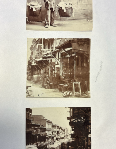 Three photos from the T. E. Hecht California Views Photograph Album. The first is of a Chinese "rag picker," and the second two are street views.
