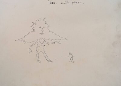 Cartoon illustration of Moses P. Handy next to a small stick figure. Handy's beard is very exaggerated. "One seat, please."