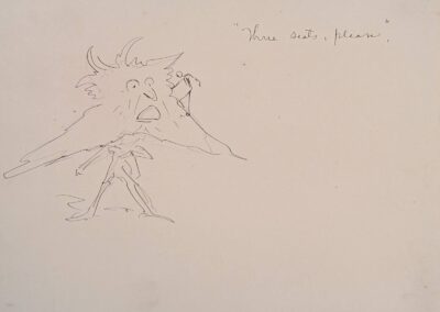 Cartoon illustration of an exasperated Moses P. Handy with a small stick figure climbing his beard. Handy's beard is very exaggerated. "Three seats, please"