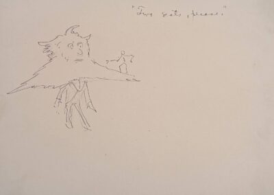 Cartoon illustration of Moses P. Handy with a small stick figure standing on his beard. Handy's beard is very exaggerated. "Two seats, please."