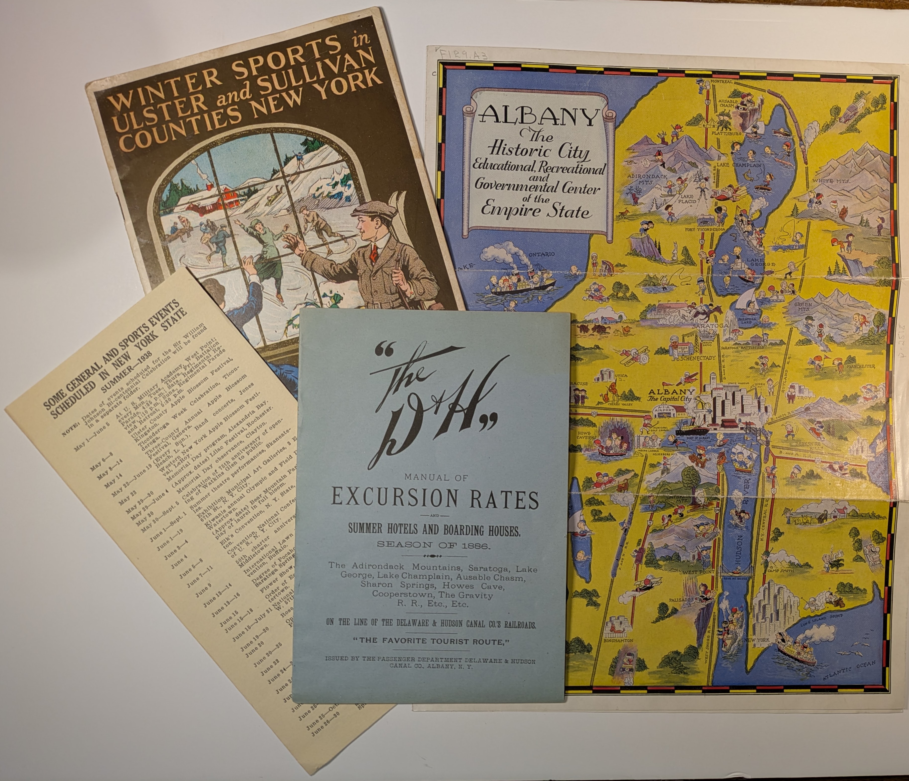 TravelEphemera Items from the Travel Ephemera collection including pamphlets titled "Winter Sports in Ulster and Sullivan Counties New York" and the "Manual of Excursion Rates and Summer Hotels and Boarding Houses. Season of 1886."