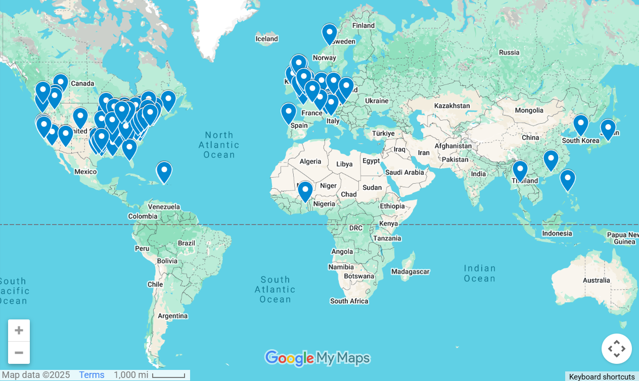 Joshua Sulser's map of the university affiliation of researchers that have registered with the Clements Library 10/3/24 - 10/3/25.