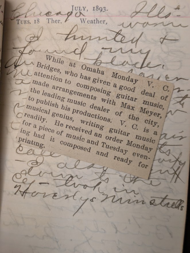 Bridges Page from the diary of Vernon C. Bridges, dated July 18, 1893. Includes a clipping mentioning his musical talents.