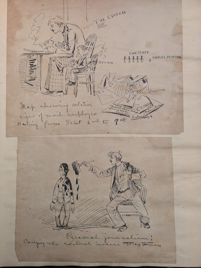 LaShelle Sketches from the LaShelle family scrapbook. Pen and ink drawings satirizing elements of the newspaper industry. Top illustration: "Map showing relative sizes of mail employees Dating from Sept 2nd to 9th" shows The Editor as a tall man seated next to a short man labeled "Brown" with stick figures depicting "The Staff" and "Charley Pearson" in the background. A small man labeled "Kingston" sits on a pile of papers. Bottom illustration: Man being painted by the man labeled as "the editor" in the previous drawing.