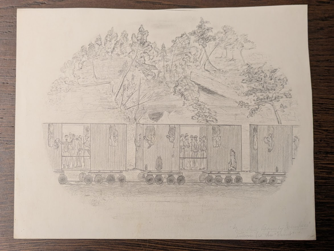 Rowley Drawing from the H. Curtis Rowley papers depicting bounty jumpers being transported on a train.