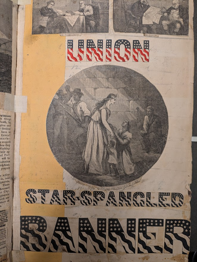 swain scrapbook Page from Charles S. Swain's scrapbook. Depicts Lady Liberty interacting with African Americans and graphic text reading "Union Star-Spangled Banner."