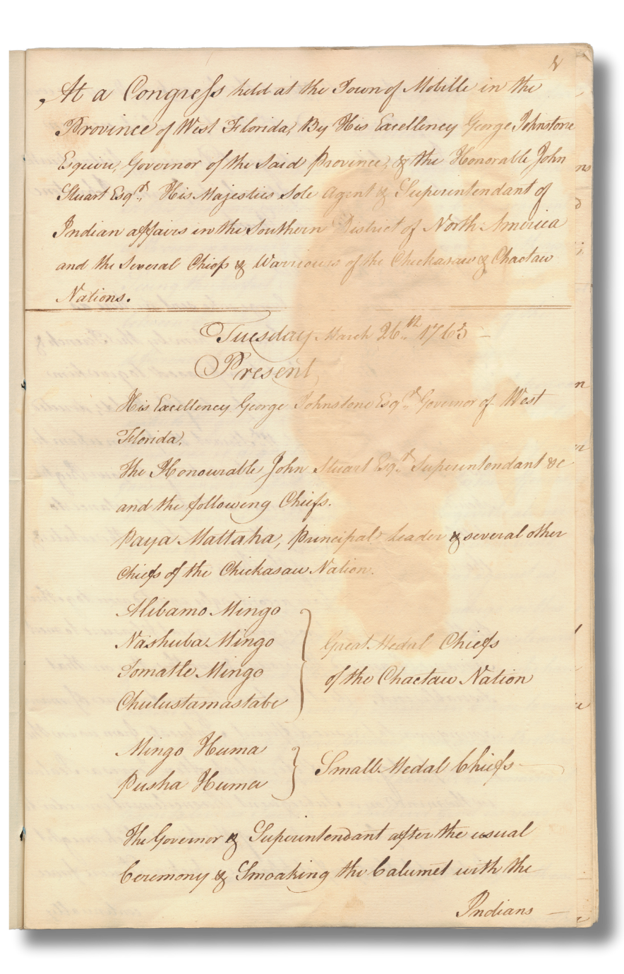 Gage - Congress Manuscript list of those present at a spring 1765 Congress held between British officials George Johnstone and John Stuart and representatives of the Chickasaw and Choctaw Nations.