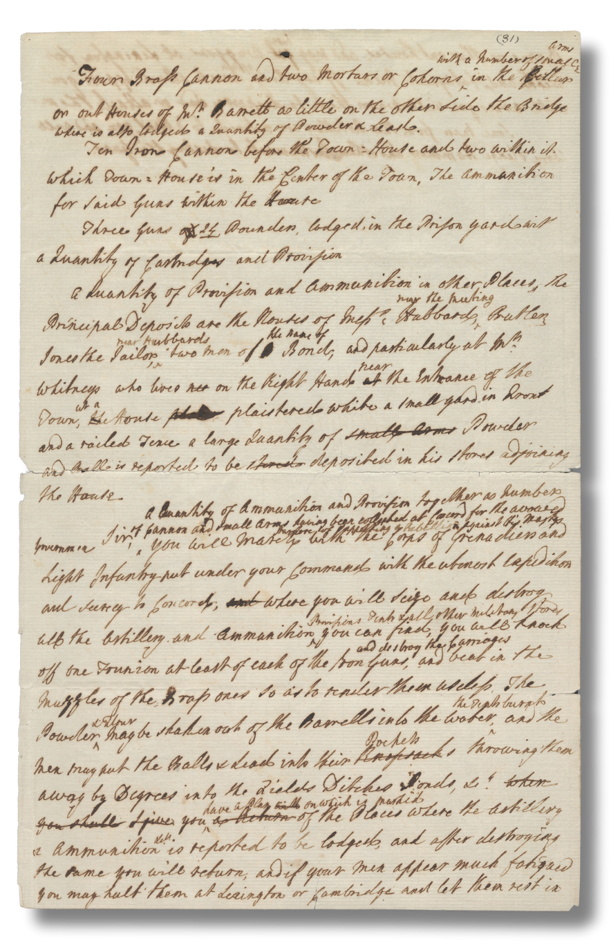 Gage Draft Order Manuscript draft pf General Thomas Gage’s April 18, 1775 orders to Lieutenant Colonel Francis Smith showing edits and revisions.
