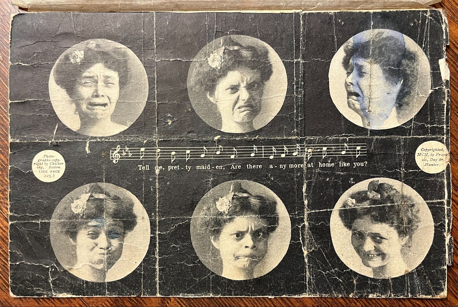 Elizabeth Lindley Whipps Six headshots of facial contortionist and vaudeville actress Elizabeth Lindley Whipps, each with a different exaggerated expression. Line of musical notation is between the images, with the lyric "Tell me, pretty maiden, Are there anymore at home like you?