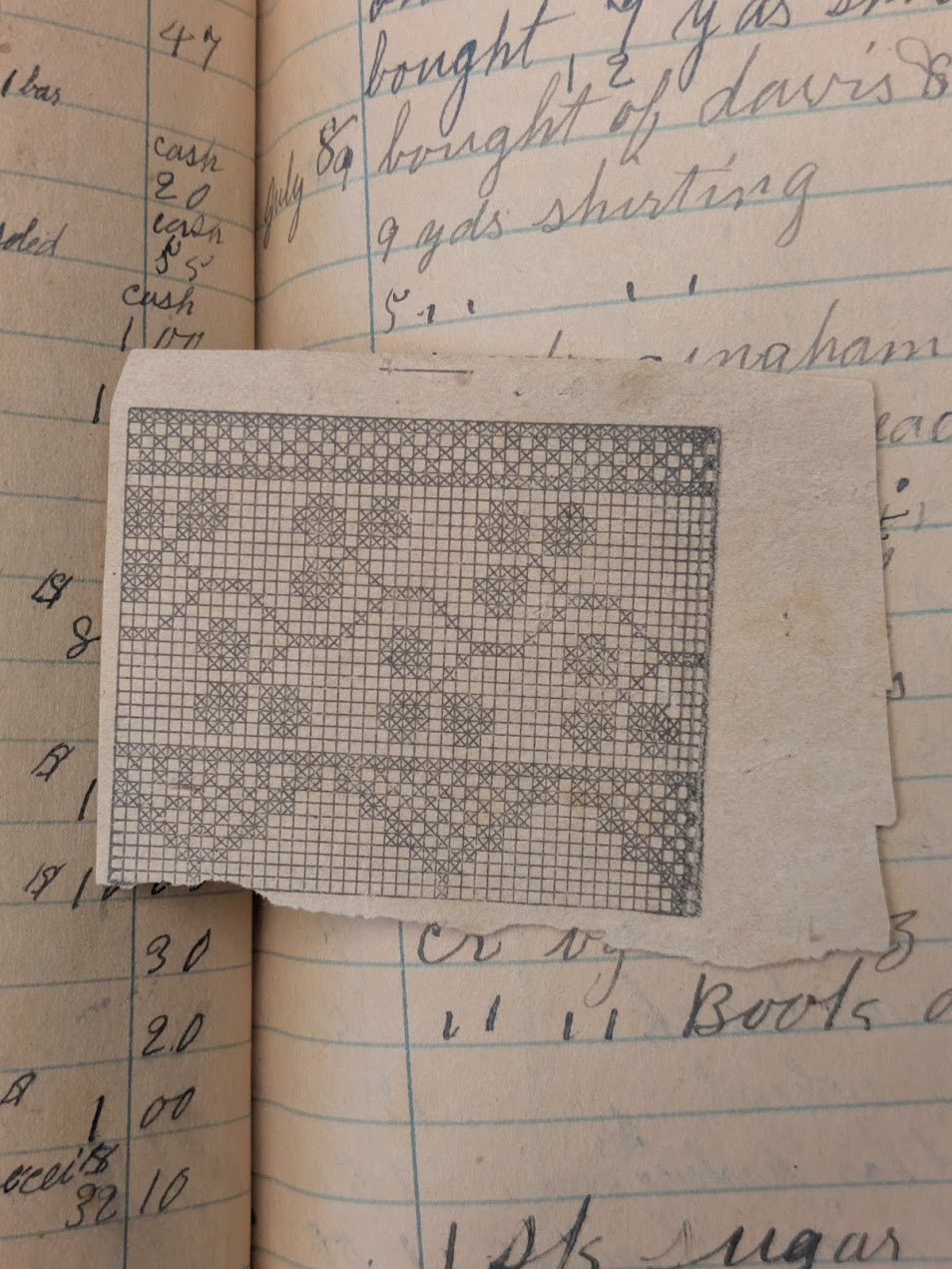 Prudence T Morgan Embroidery pattern laid into a diary.