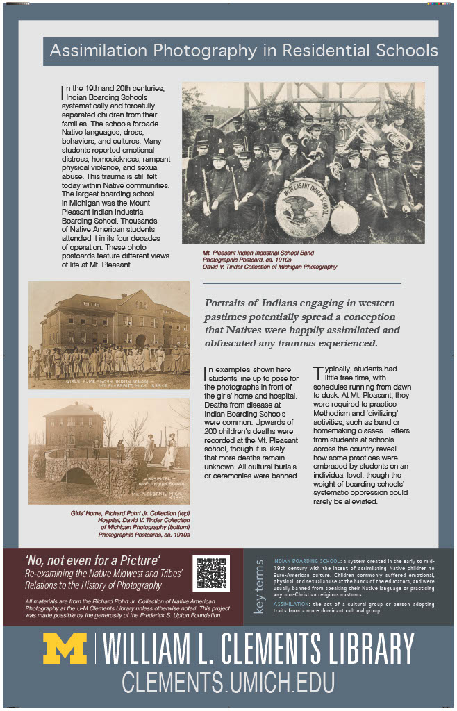 Assimilation Photography "Assimilation Photography in Residential Schools" exhibit poster. "Portraits of Indians engaging in western pastimes potentially spread a conception that Natives were happily assimilated and obfuscated any traumas experienced." Multiple photographs of Native American people.
