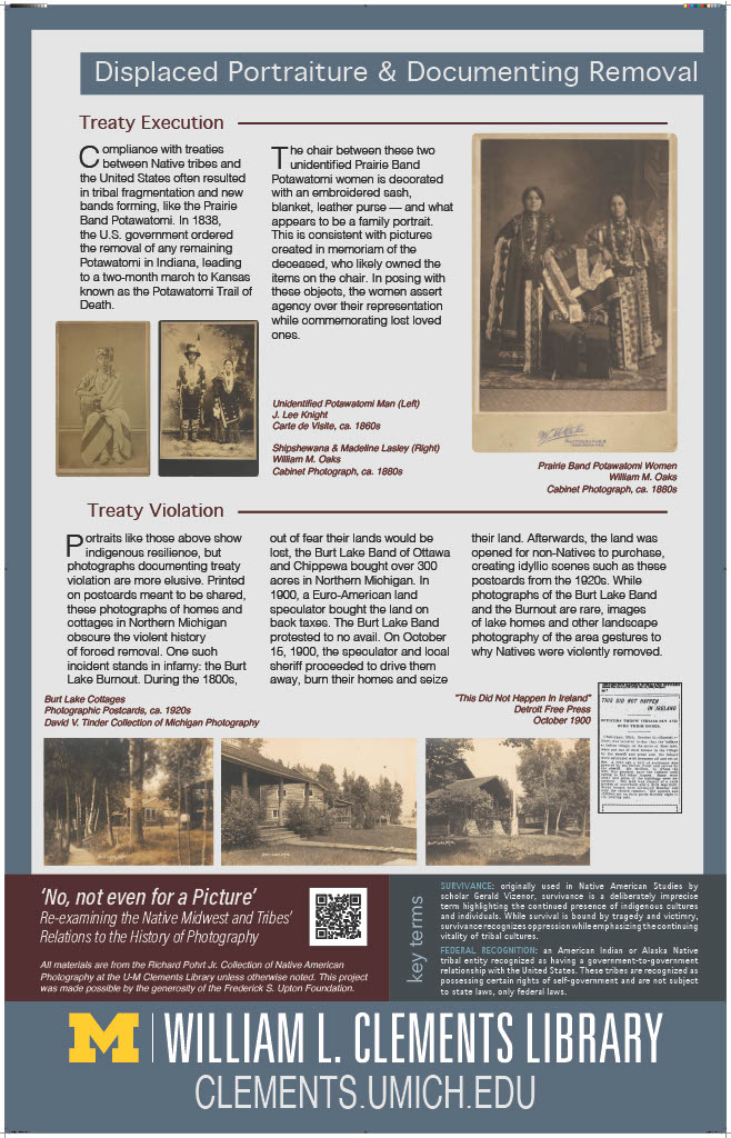 Displaced Portraiture "Displaced Portraiture & Documenting Removal" exhibit poster board. Touches on treaty execution and violation." Multiple photographs of Native American people.