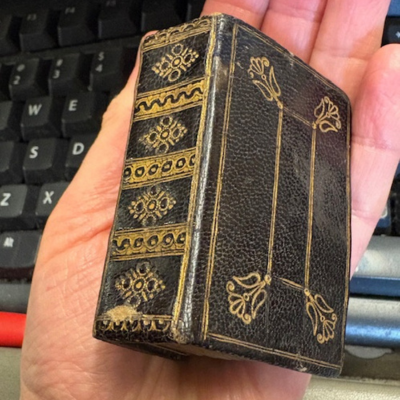 Mini Book Spine Thick miniature book in the palm of a woman's hand.