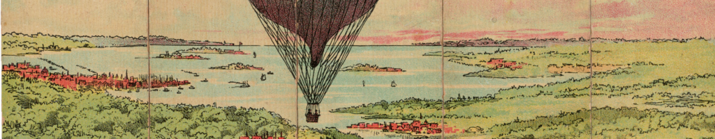 Puzzle depicting hot air balloon over a town.