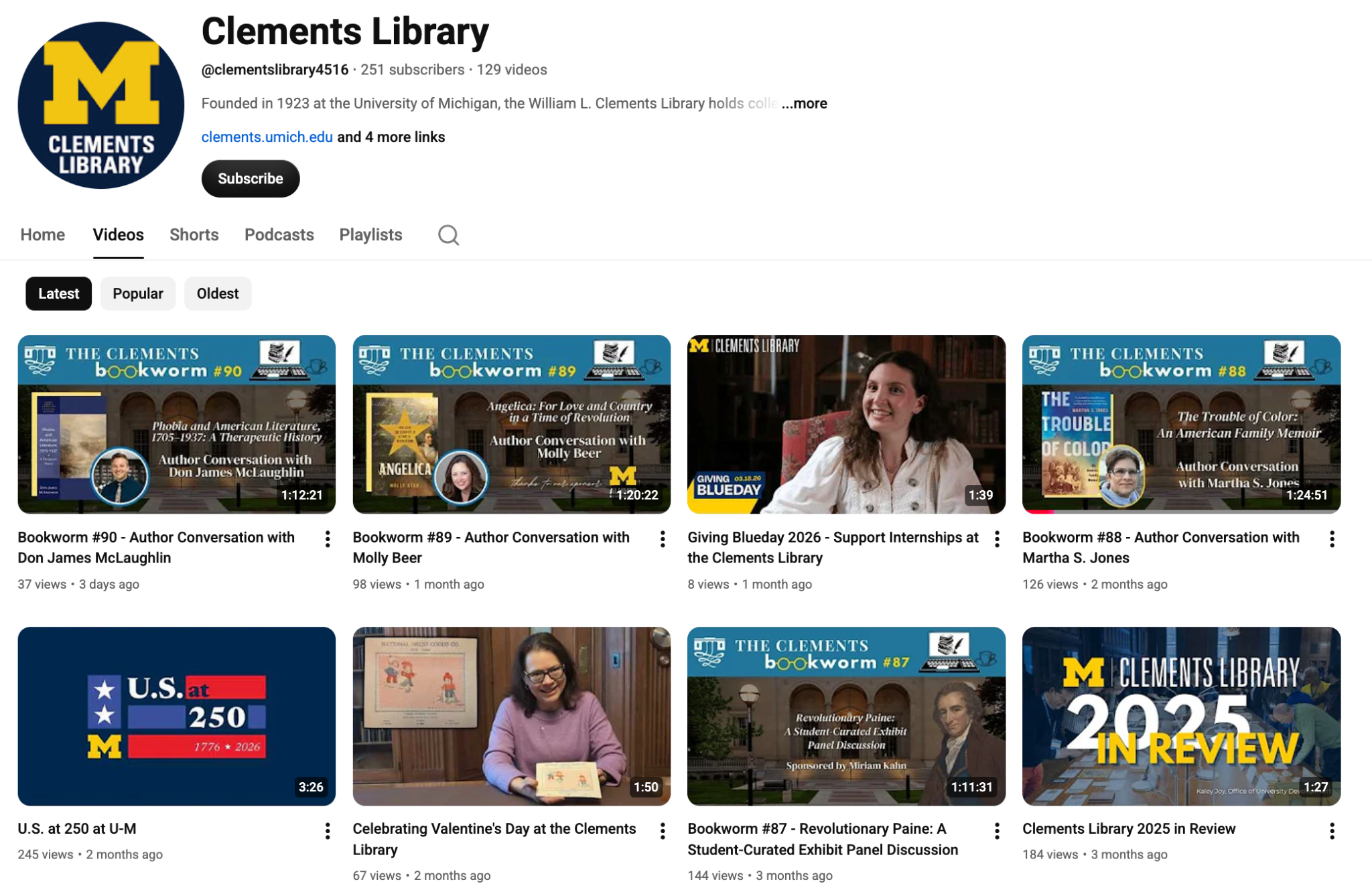 YouTube Screenshot Screenshot of the Clements Library Youtube Channel.