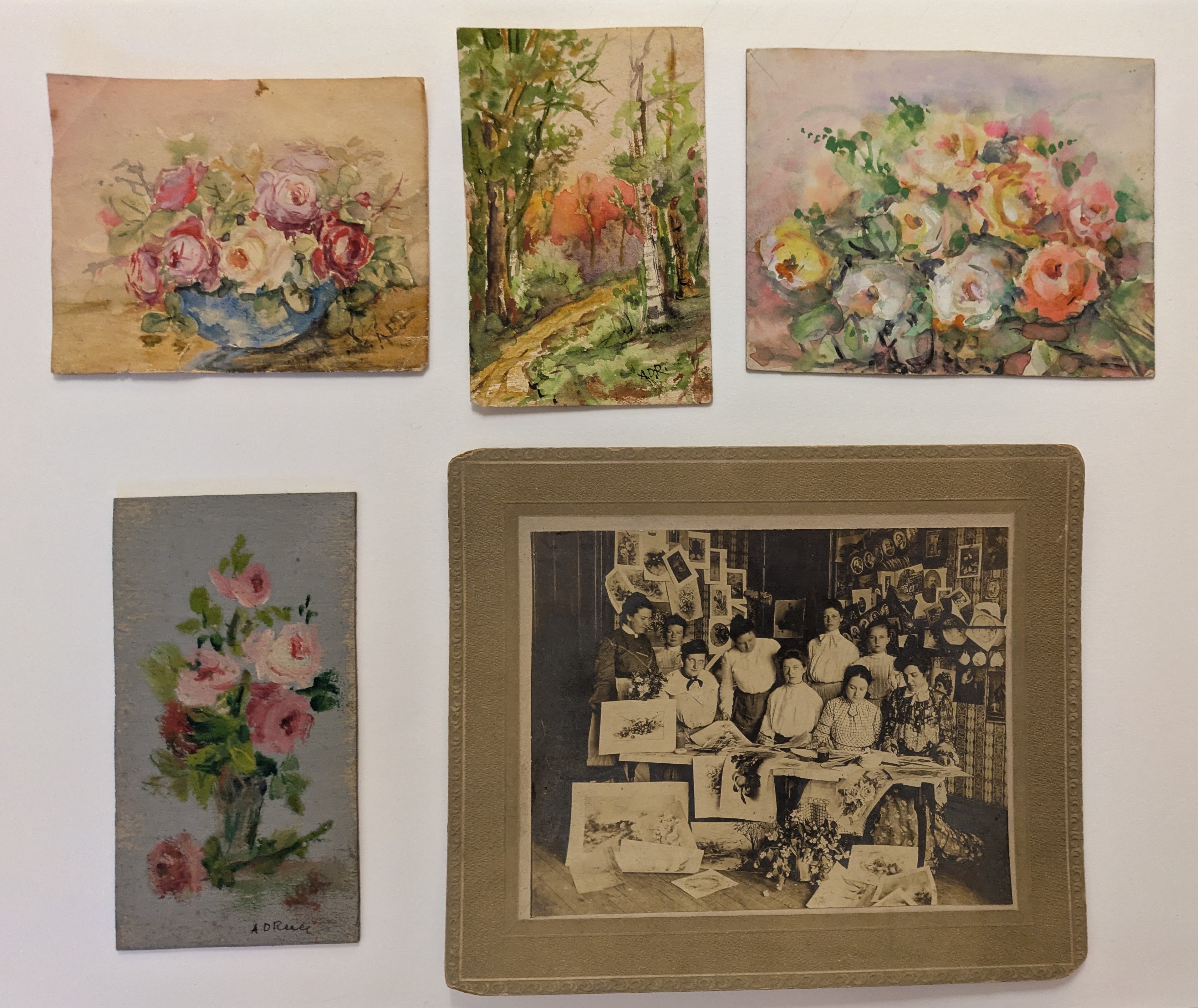 AReece Four pastel and watercolor paintings of flowers along with a photograph of a women's art class.