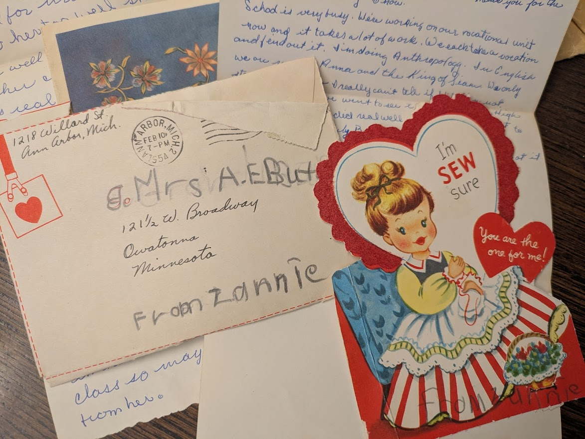 Butsch family papers, 1935-1969 20th century letters, including a few mass produced ones, sent to and from a grandmother. Card on top has a drawing of a woman sewing with the message "I'm sew sure you are the one for me!"