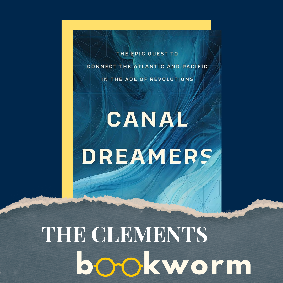 Graphic advertising the Clements Bookworm with the cover of Jessica Lepler's "Canal Dreamers."