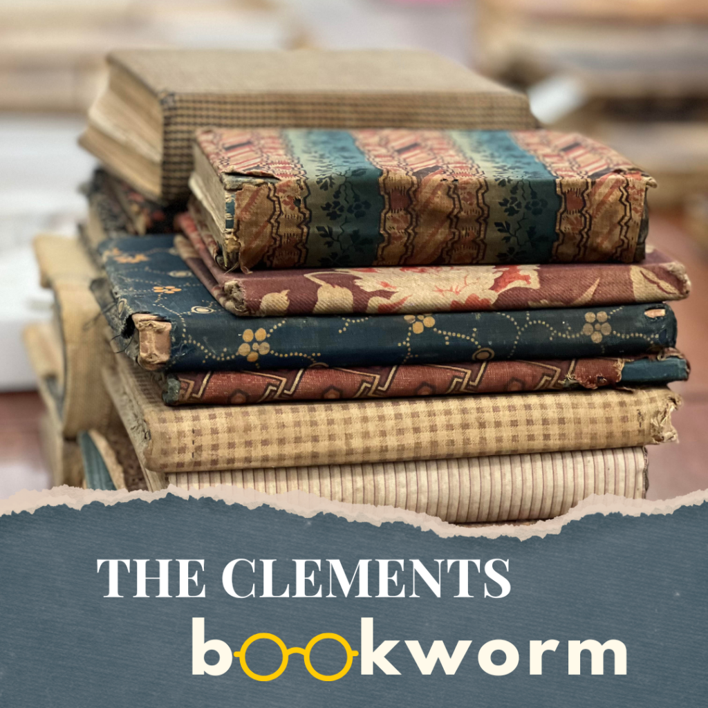 Graphic advertising the Clements Bookworm with a picture of a stack of books with various types of amateur binding repairs.