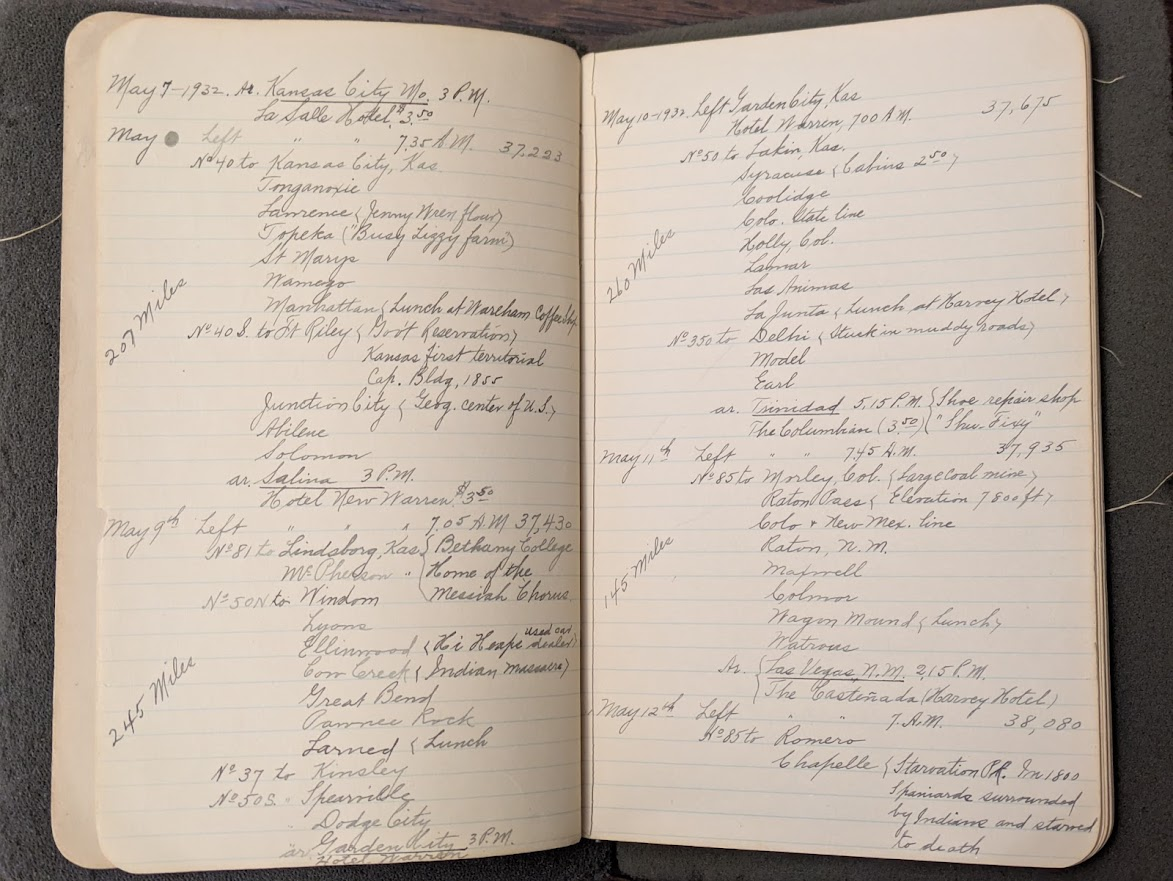 Crugar travel logs Open pages of a travel log indicated dates, locations, and distances traveled.