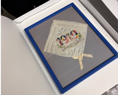 Zoellner Family Scrapbook Framed embroidered handkerchief from the Zoellner Family Scrapbook