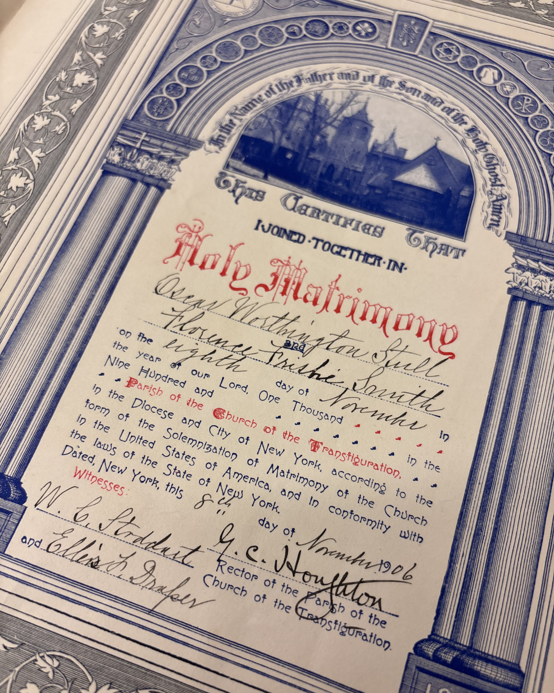 Florence Smith Romaine Wedding Certificate The marriage certificate of Florence Frisbie Smith and Oscar Worthington Stull on November 8 1906 at the Church of the Transfiguration in New York.