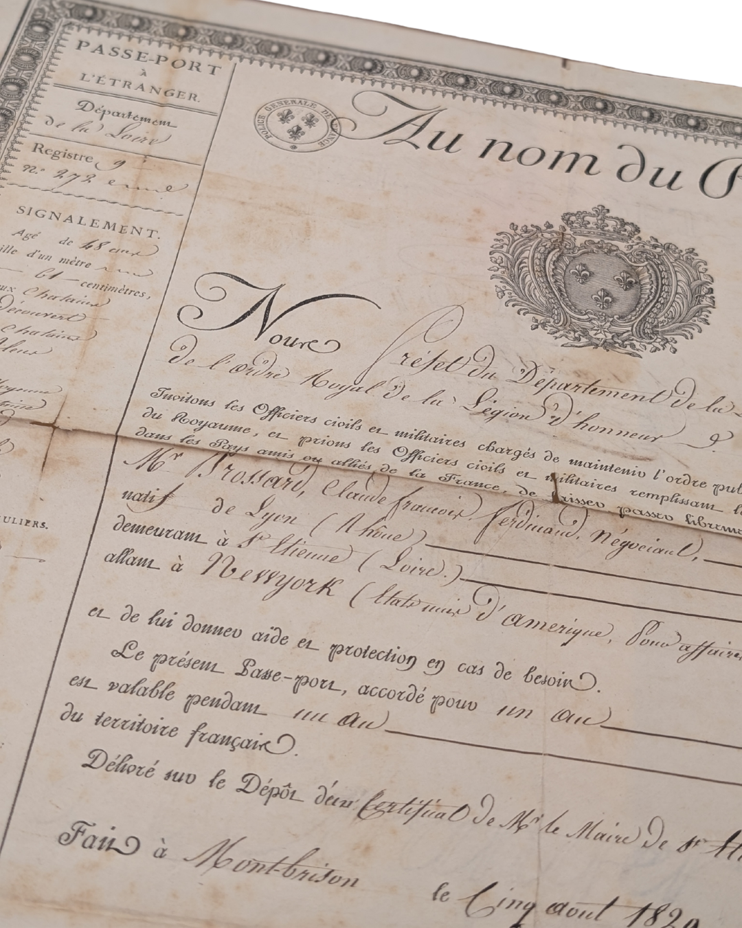 Claude François Ferdinand de Brossard Passport. The French passport of Florence's grandfather Claude François Ferdinand de Brossard.