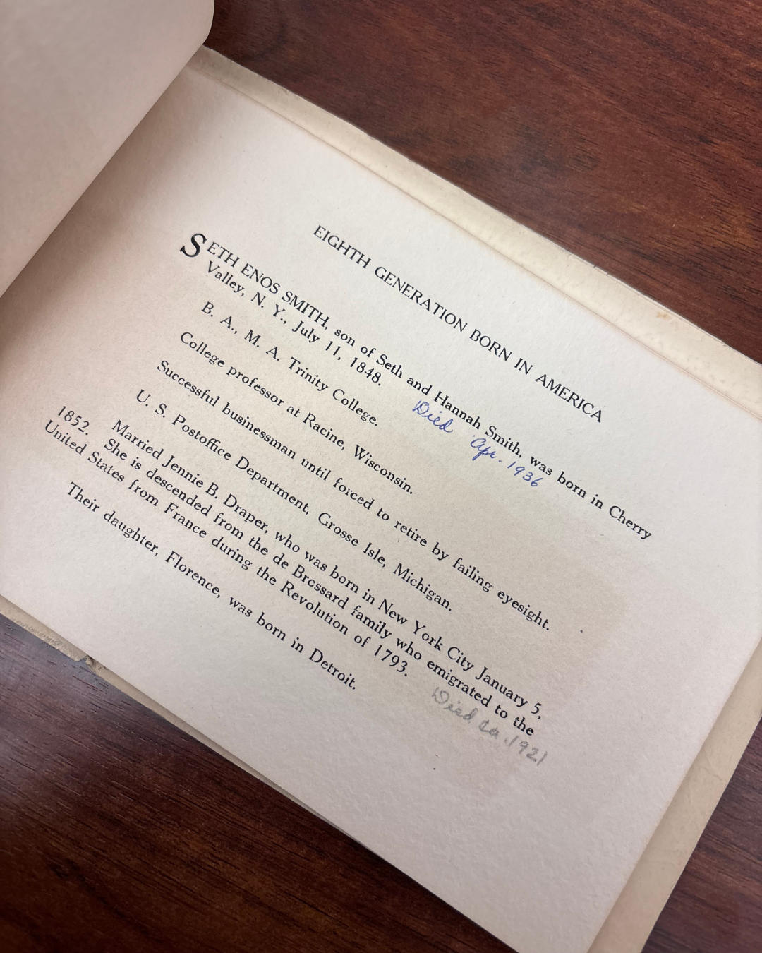 Genealogy of Florence Romains family in America A page from a genealogy book, describing Florence's ancestors.