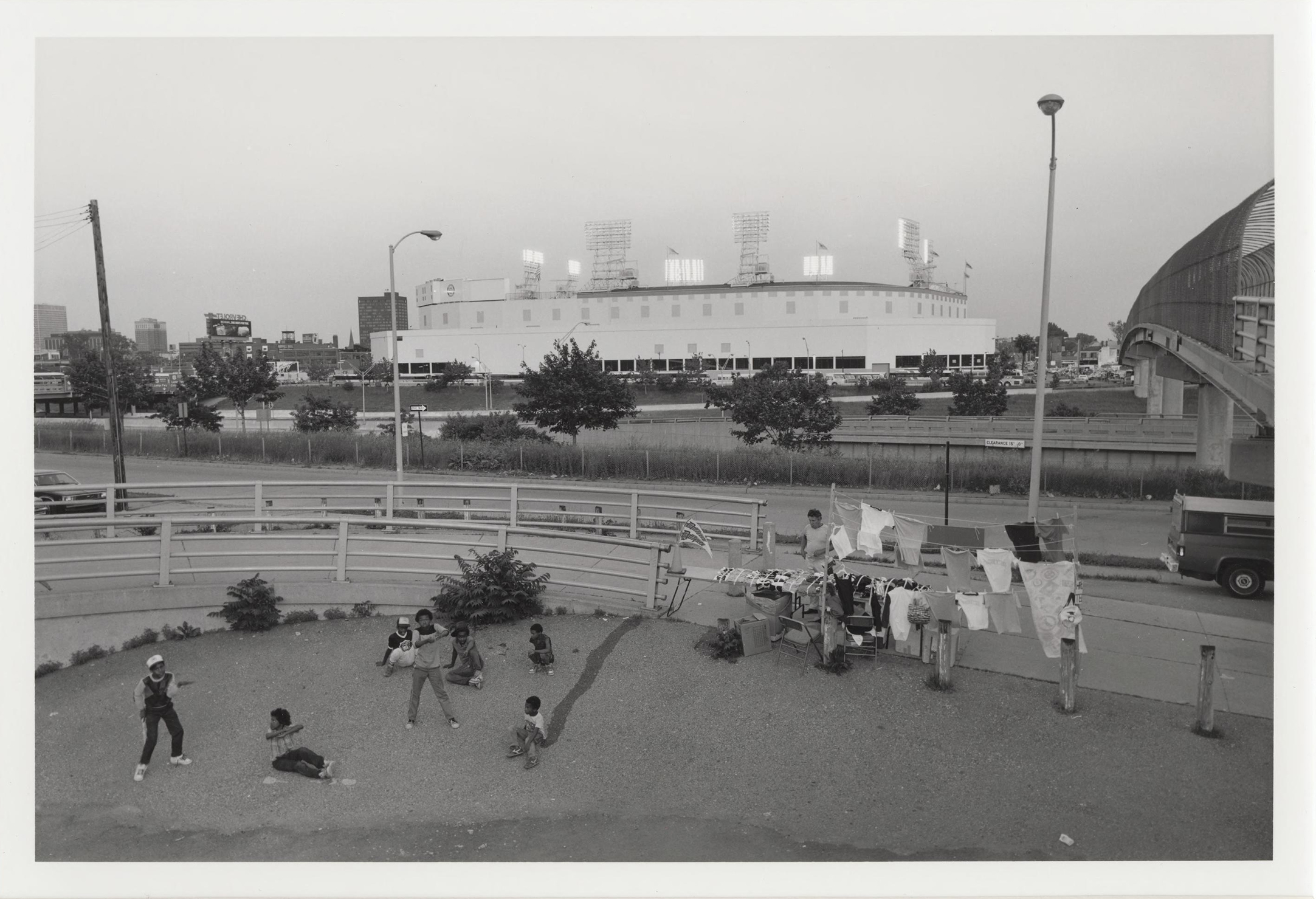 Tiger Stadium African American children playing near Tiger Stadium on June 20, 1984, the year the Tigers won the World Series.