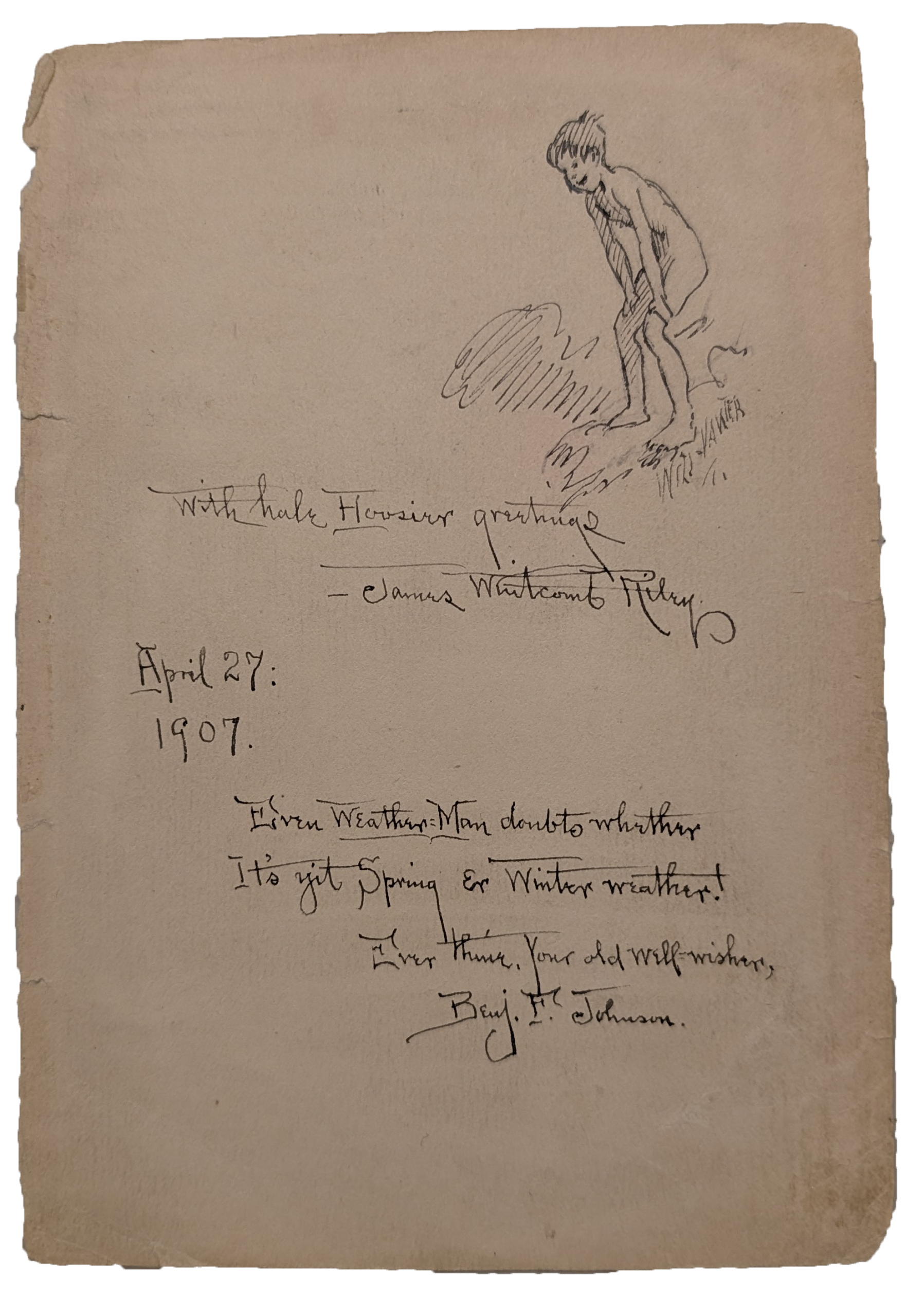 Weather Man letter Manuscript dated April 27 1907 with an illustration of a young person. "Even Weather-Man doubts whether It's yet Spring er Winter weather!"