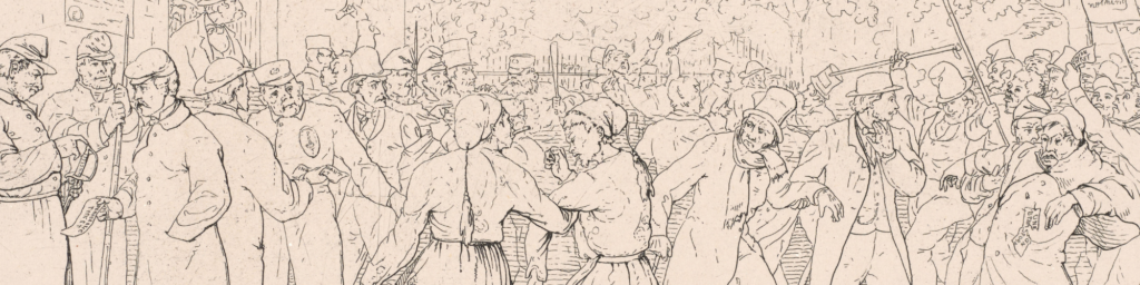 Volck, Adalbert John. “Election in Baltimore, 1862.” Etching of a riotous crowd during an election.