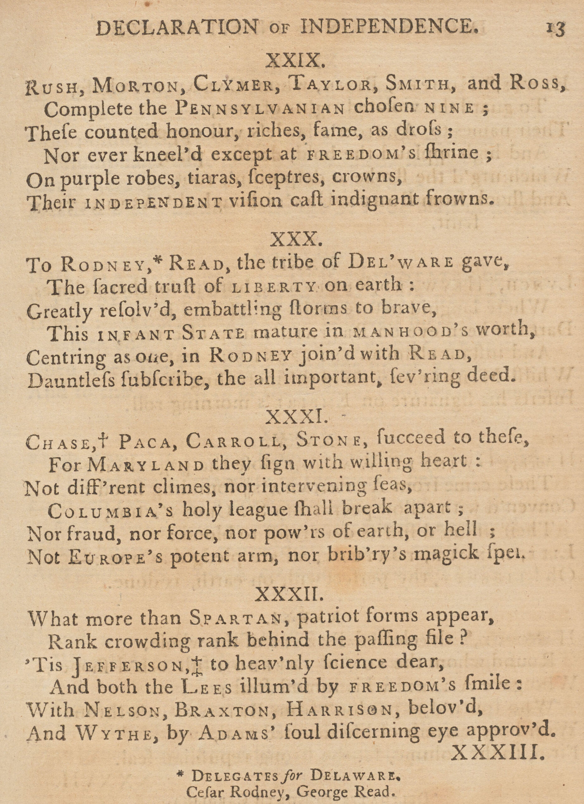 bk-c2 1793 ri-the declaration of independence, a poem-stanza xxix The Declaration of Independence by George Richards. higlights the names of delegates from Pennsylvania, Delaware, and Maryland.