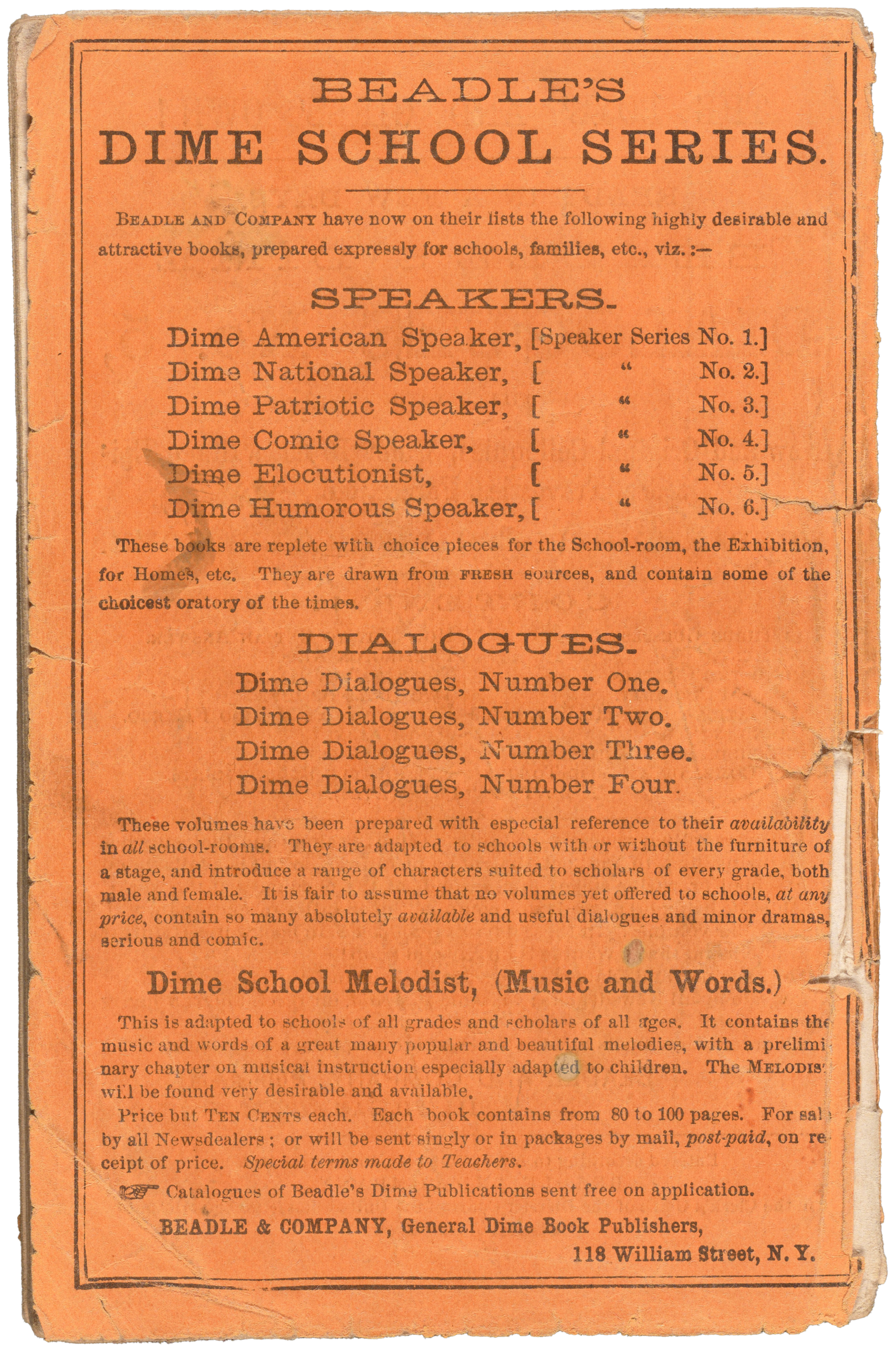 bk-pam 1864 be-beadle's dime dialogues-back cover Beadle's Dime School Series pamphlet, advetiseing various speaker and dialogues.