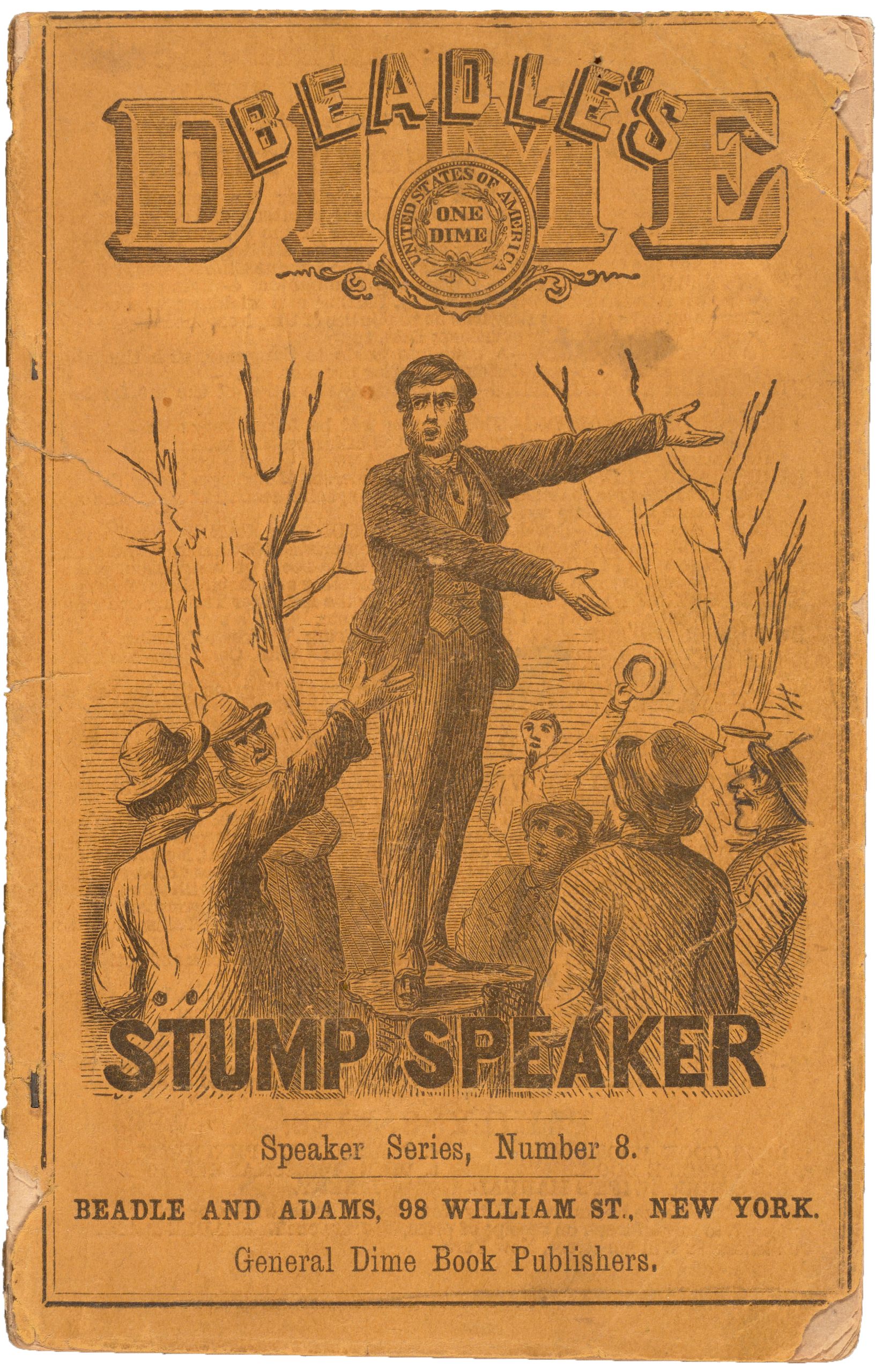bk-pam 1884 be-beadle's dime stump speaker-cover Beadle's Dime Stump Speaker pamphlet cover, showing someone confidently performing a public speech.