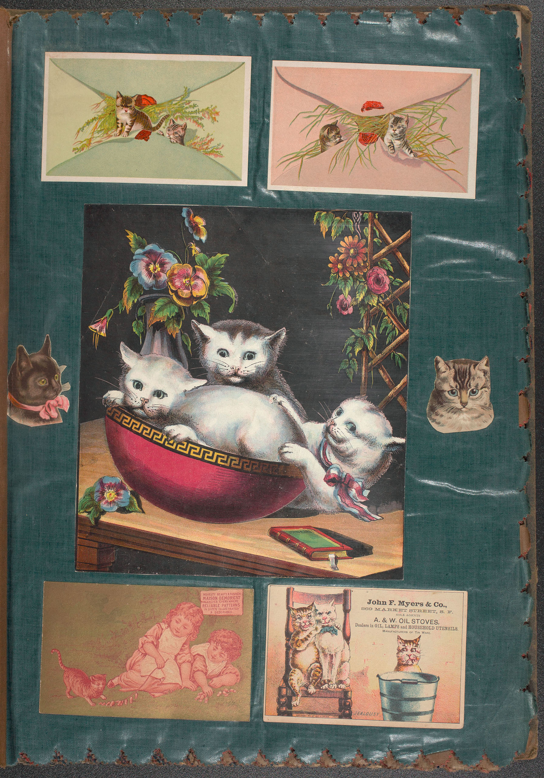 wclmss-m-8107-clara crumpton scrapbook-cats Page of a scrapbook with pieces of ephemera depicting cats.