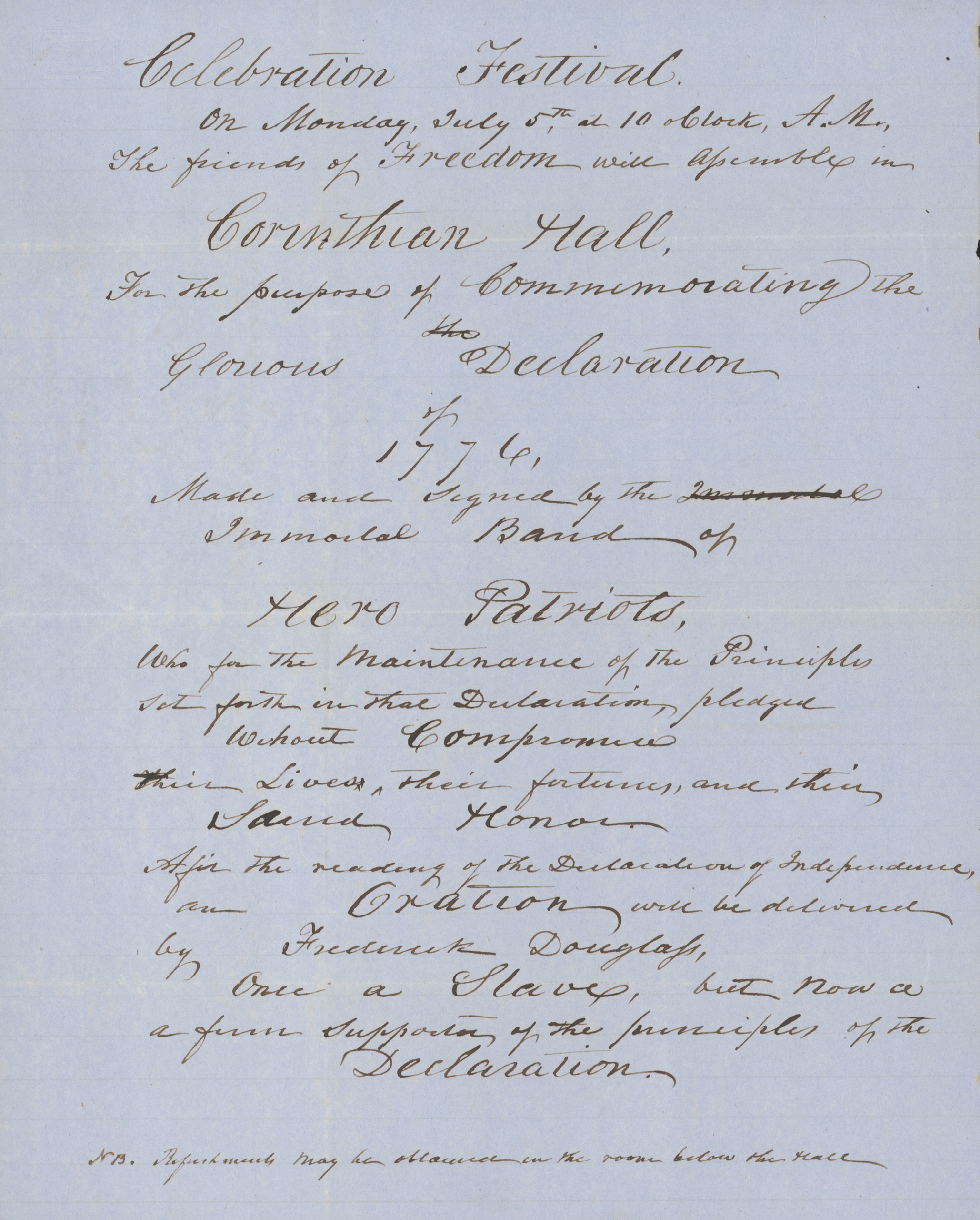 00000001 Manuscript advertisement for the "Celebration Festival" at which Douglass spoke.