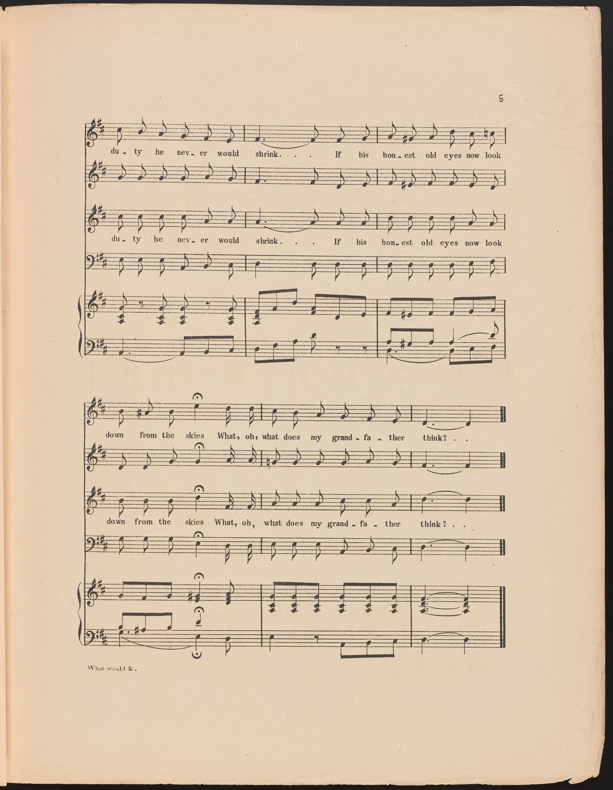 15 gr-ill 1884 cu-what would my grandfather think-pp.5 Sheet music for "What Would My Grandfather Think? Words and Music by Thomas P. Culiar. Includes the line "If his honest eyes now look down from the skies What, oh, what does my grandfather think?"